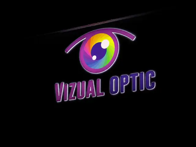 Illuminated Vizual Optic sign with a multicolored eye symbol and purple lettering against a dark background.
