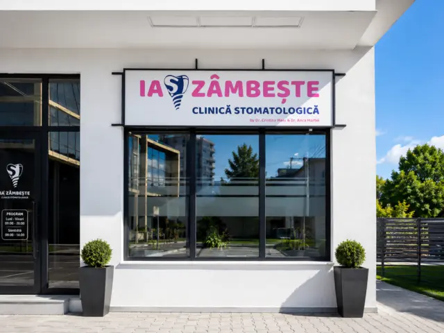 Firma Ia Zâmbește, cu simbol dentar albastru, montată deasupra vitrinei clinicii stomatologice.