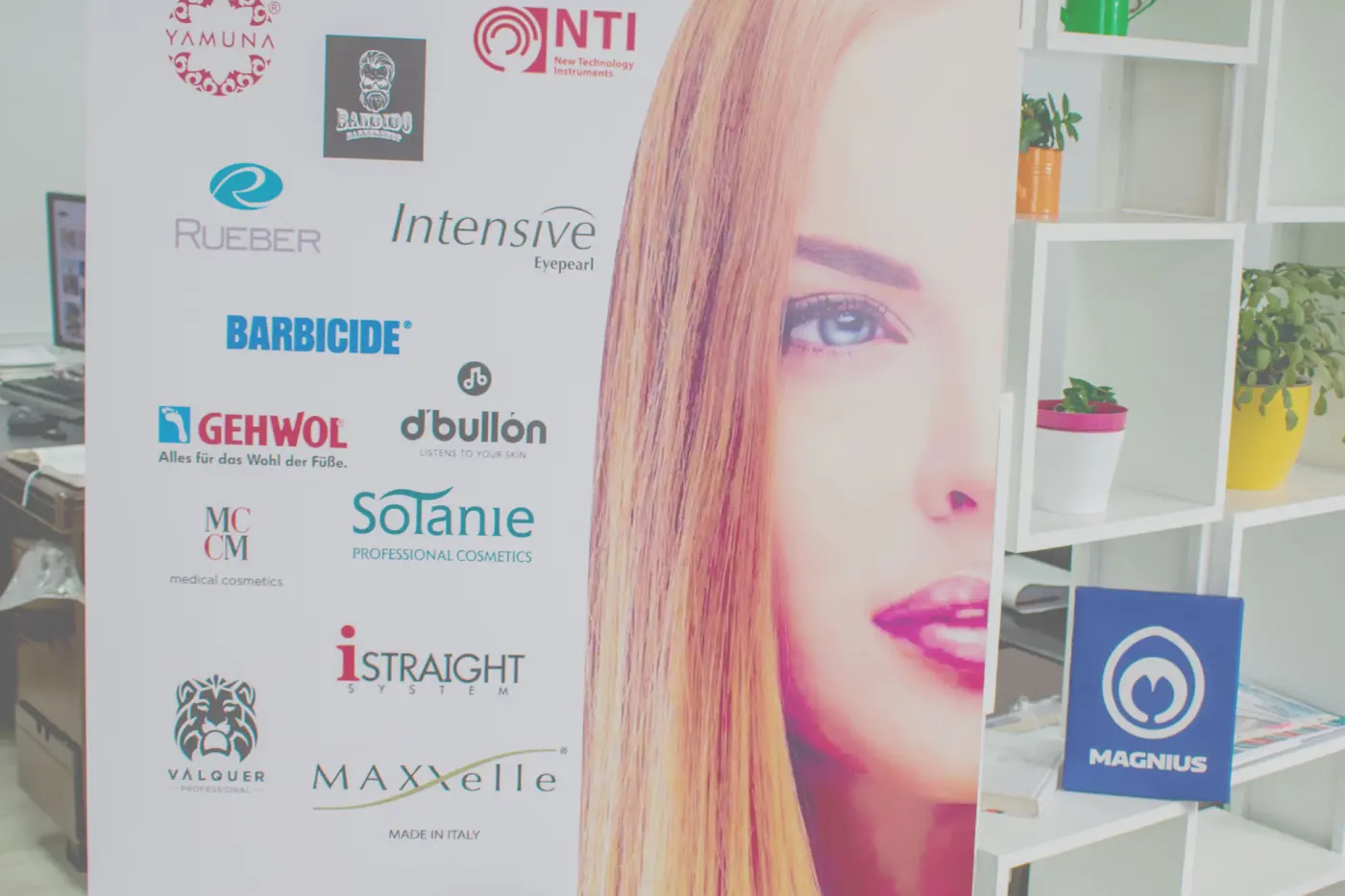 Roll-up Theta.med expus la interior, cu portret feminin și siglele mărcilor de produse profesionale.