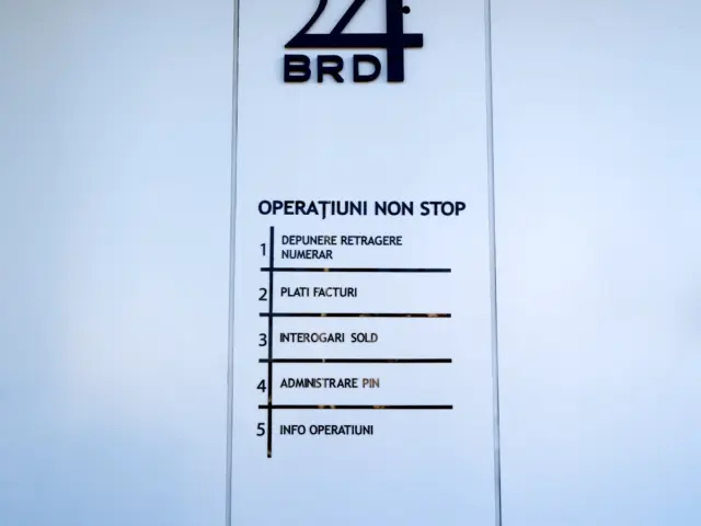 Logo volumetric BRD 24h montat pe fațadă, deasupra listei cu operațiuni disponibile non-stop.