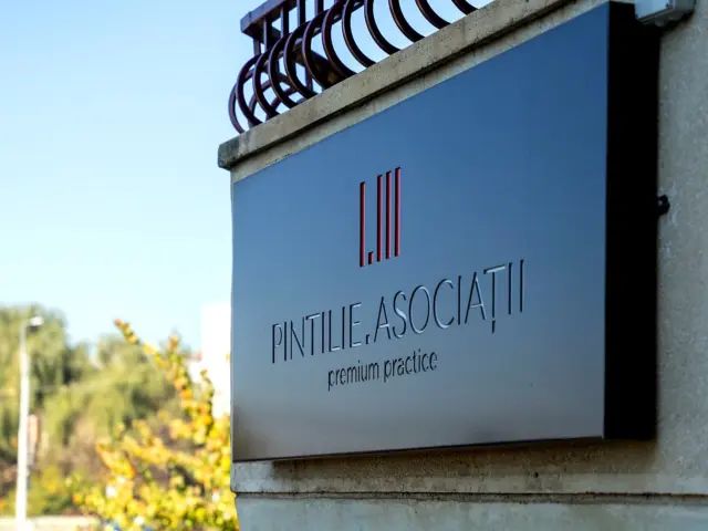 Panou rectangular Pintilie Asociații, montat pe un zid exterior și surprins în lumină naturală.