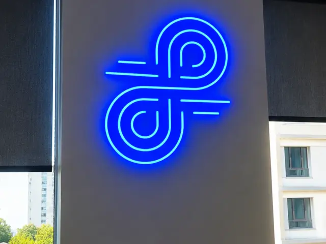 Semn albastru din Neon Flex, cu simbol geometric abstract, montat pe un perete gri între ferestre.