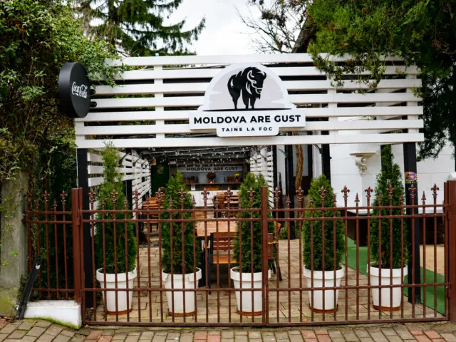 Moldova Are Gust sign with a bison emblem, mounted above the entrance to an outdoor dining terrace.