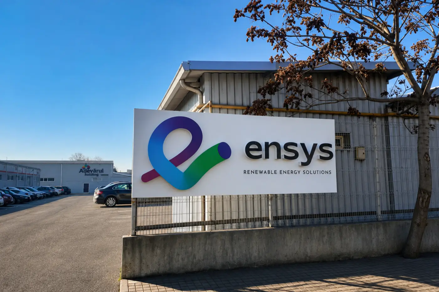 Panou Ensys cu simbol colorat și litere volumetrice, montat la exteriorul unei clădiri industriale.