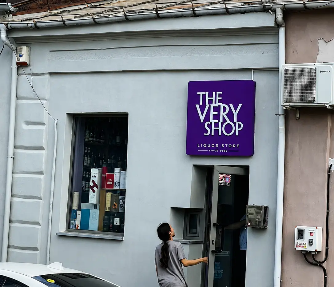 Firmă mov The Very Shop montată deasupra intrării, lângă vitrina cu sticle și cutii.