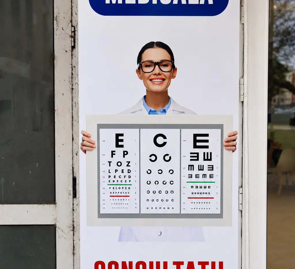 Panou publicitar exterior cu femeie purtând ochelari, optotip și mesajul „Consultații gratuite”.
