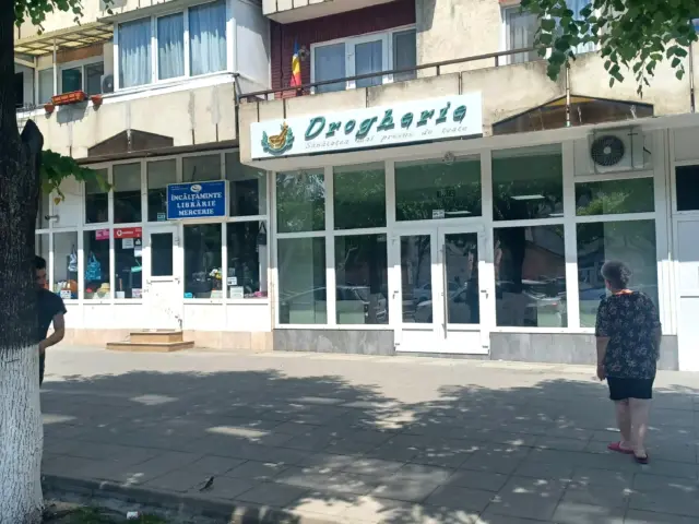 Panou publicitar alb cu inscripția „Drogărie”, montat deasupra vitrinei unui spațiu comercial stradal.